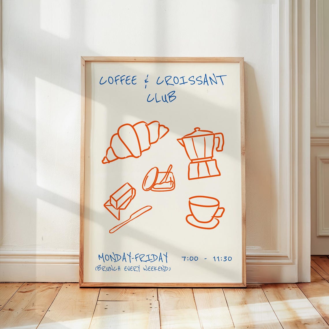 Coffee and Croissant Club Hand Drawn Cafe Illustration Kitchen Poster