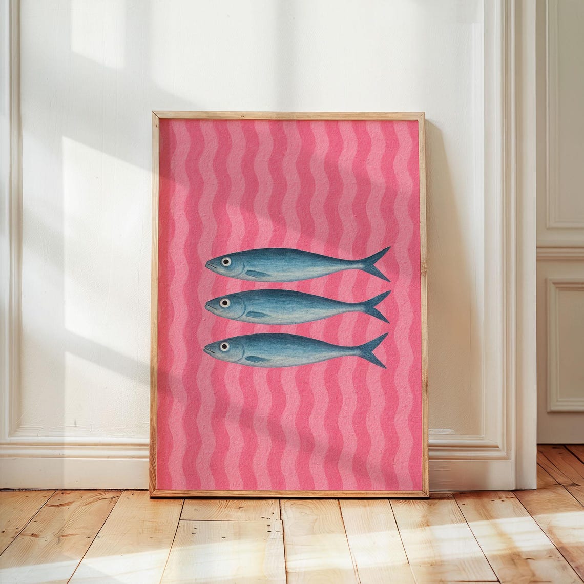 Three Blue Sardines on Pink Stripes Bold Retro Kitchen Poster