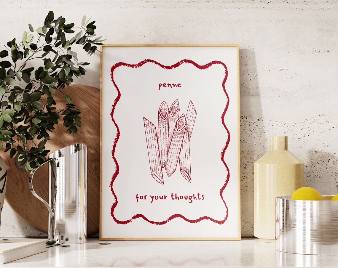 Penne For Your Thoughts Pasta Poster Red Kitchen Funny Food Art Design - Image 4