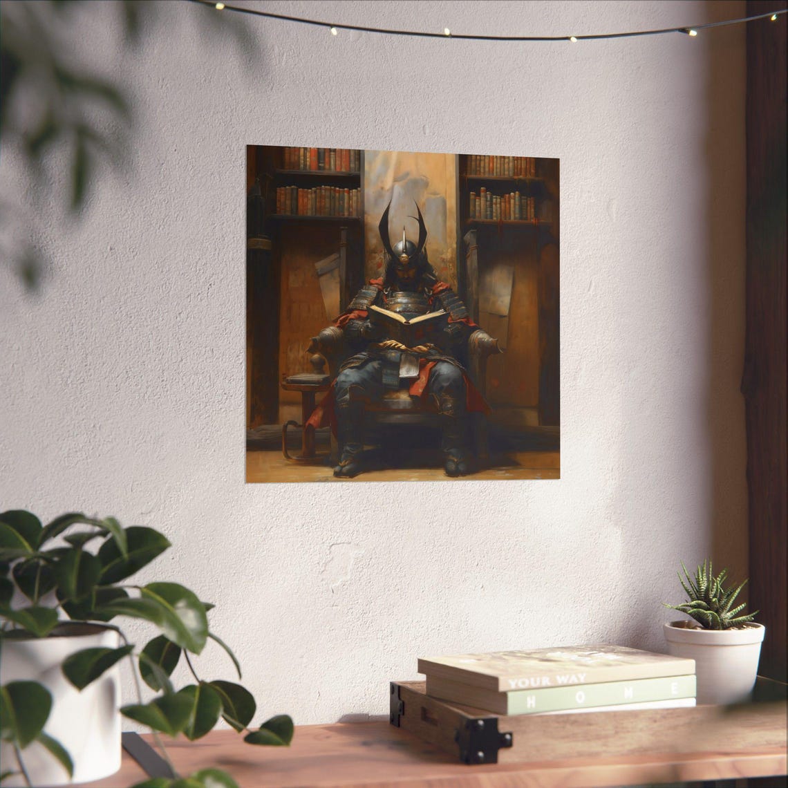 Armored Samurai Reading Book Candlelit Library Japanese Wall Art - Image 3