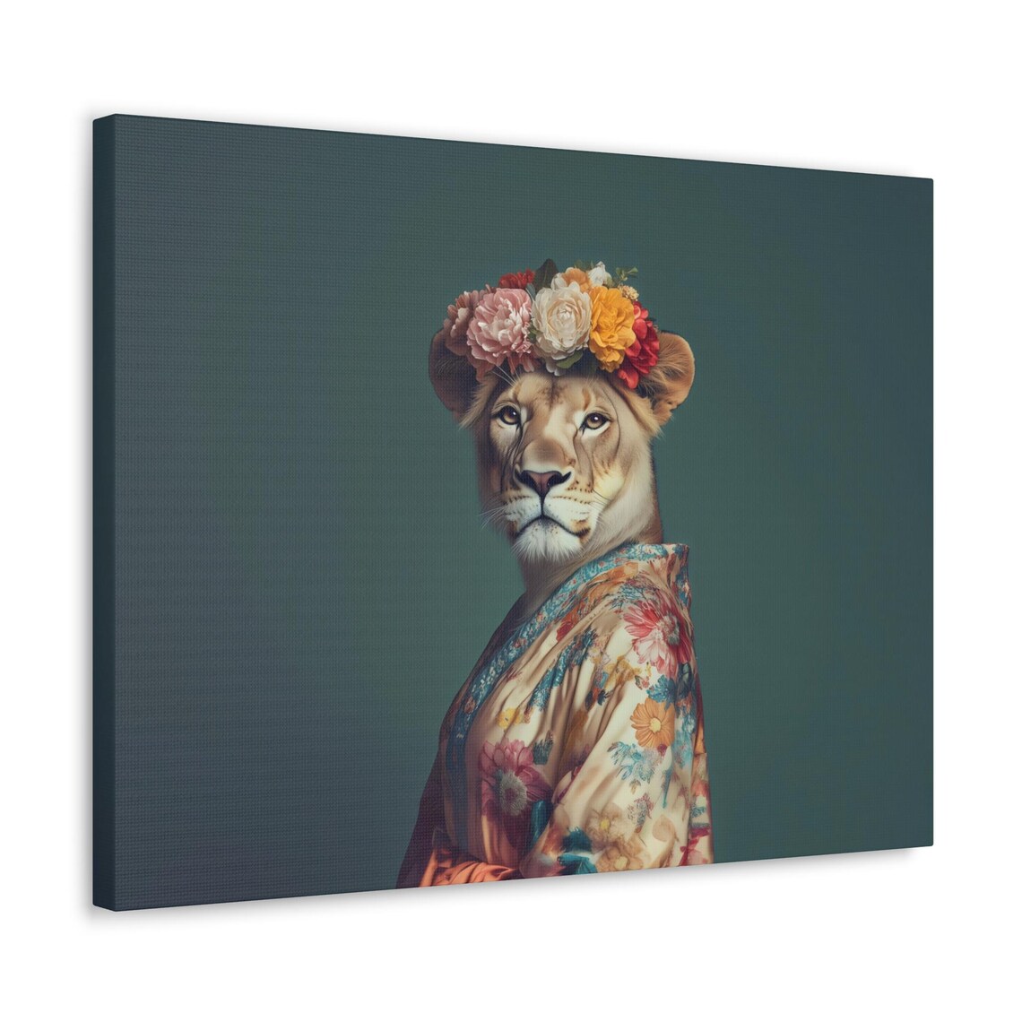 Lioness Fashionista Portrait Floral Crown Kimono Robe Teal Backdrop Poster - Image 2