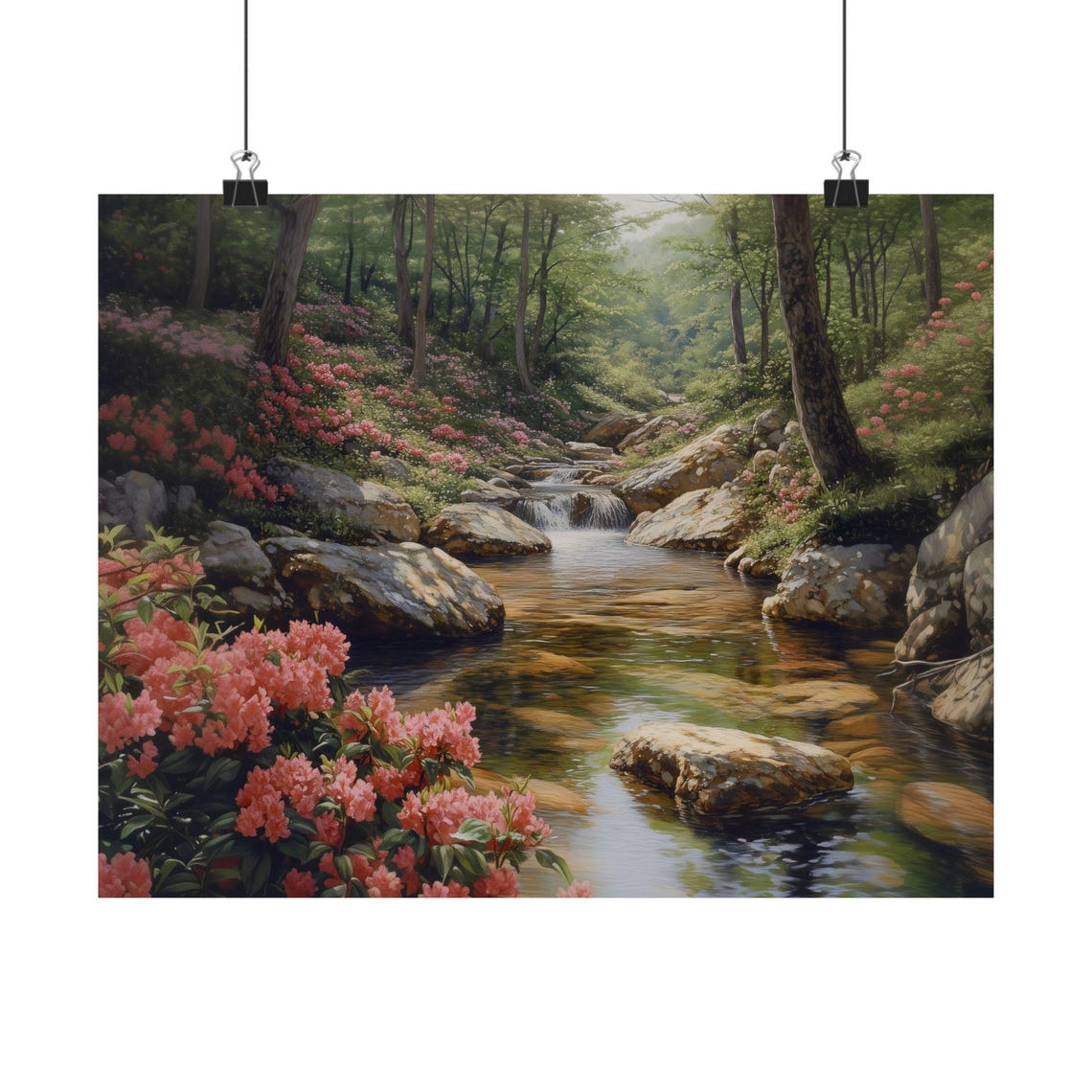 Blooming Forest Stream Waterfall Spring Nature Landscape Poster