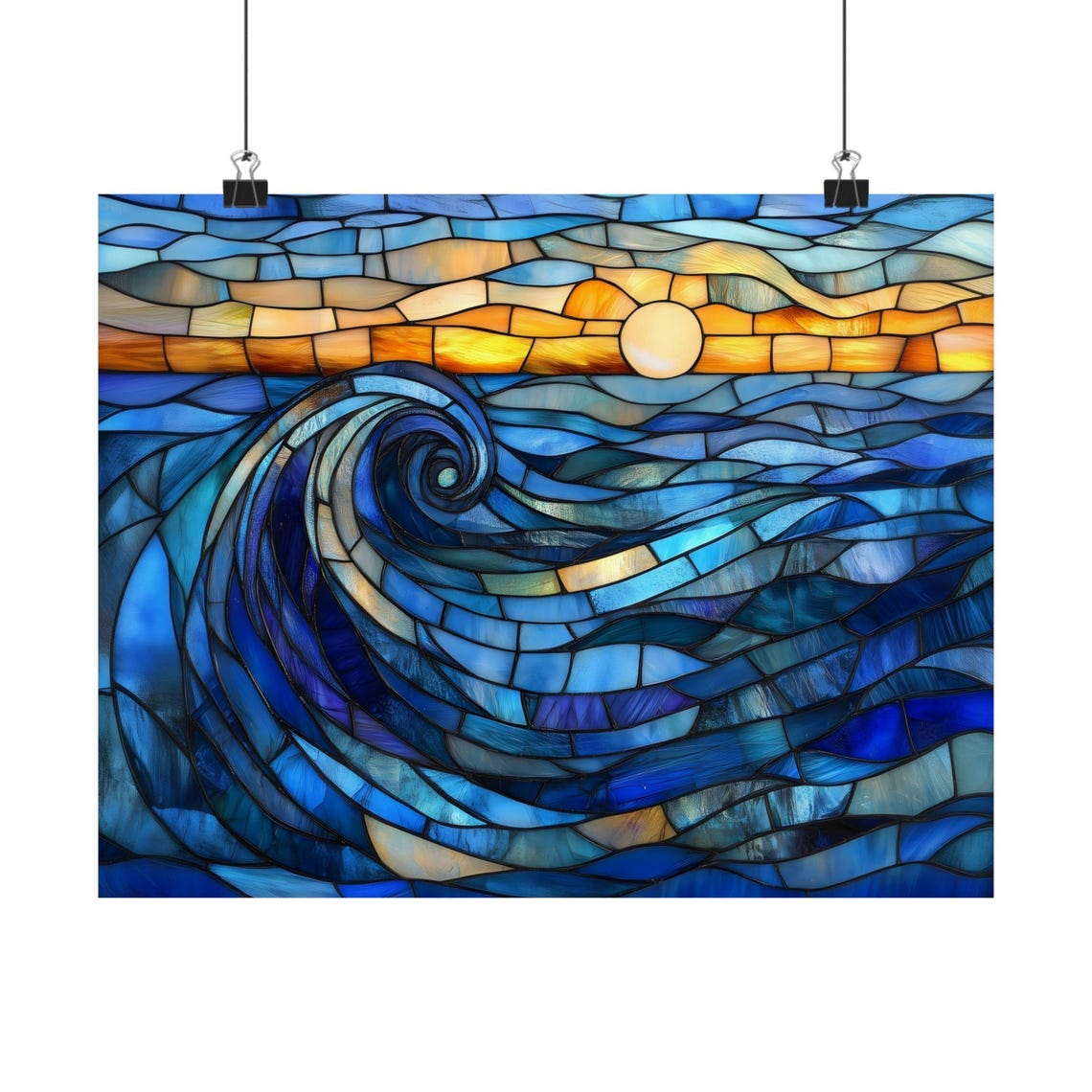 Large Stained Glass Ocean Waves Under Golden Sunset Sky Poster