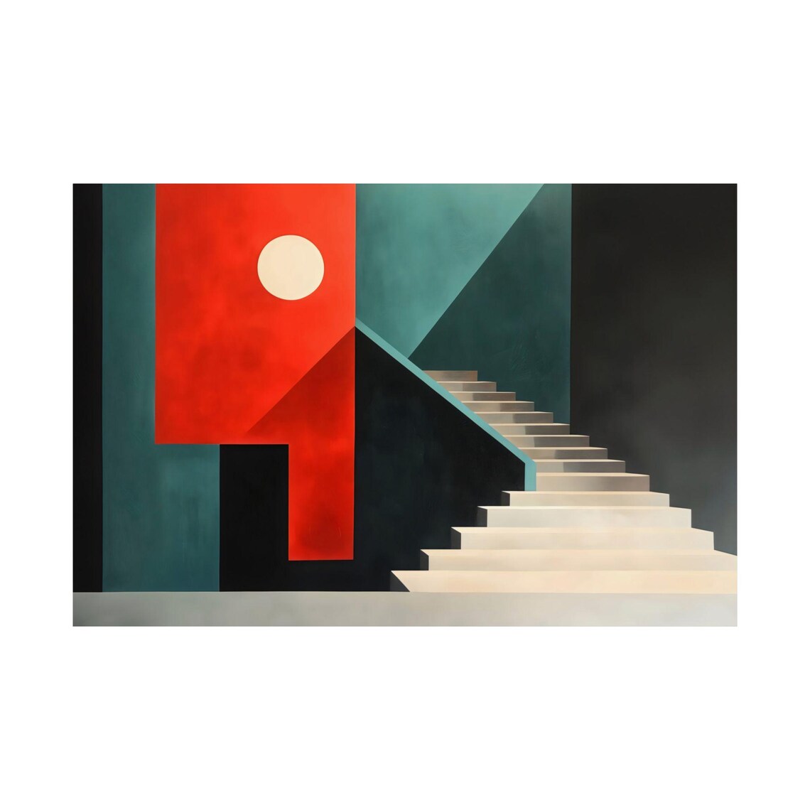 Modern Geometric Stairs Rising Sun Red Teal Bauhaus Wall Art - Image 3
