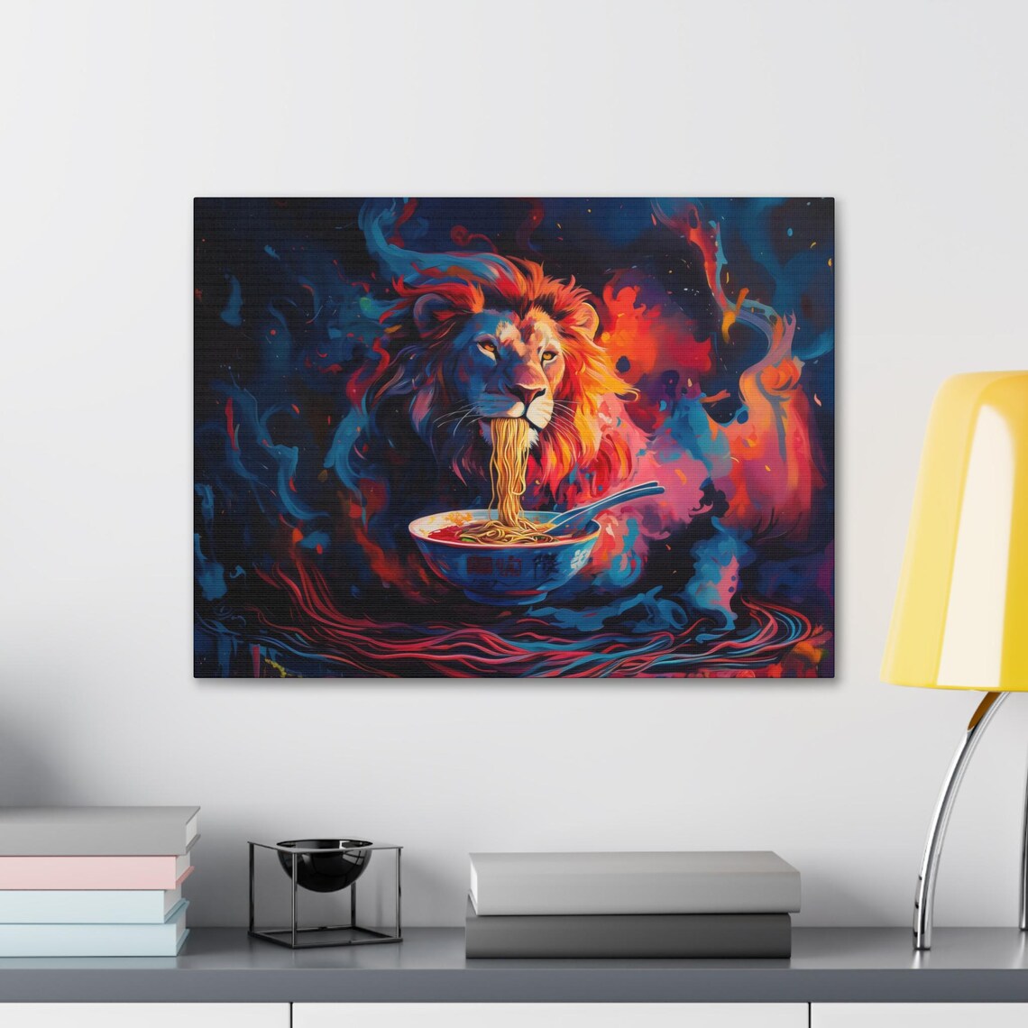 Dramatic Fiery Abstract Lion Slurping Noodles from a Bowl Art Poster - Image 2