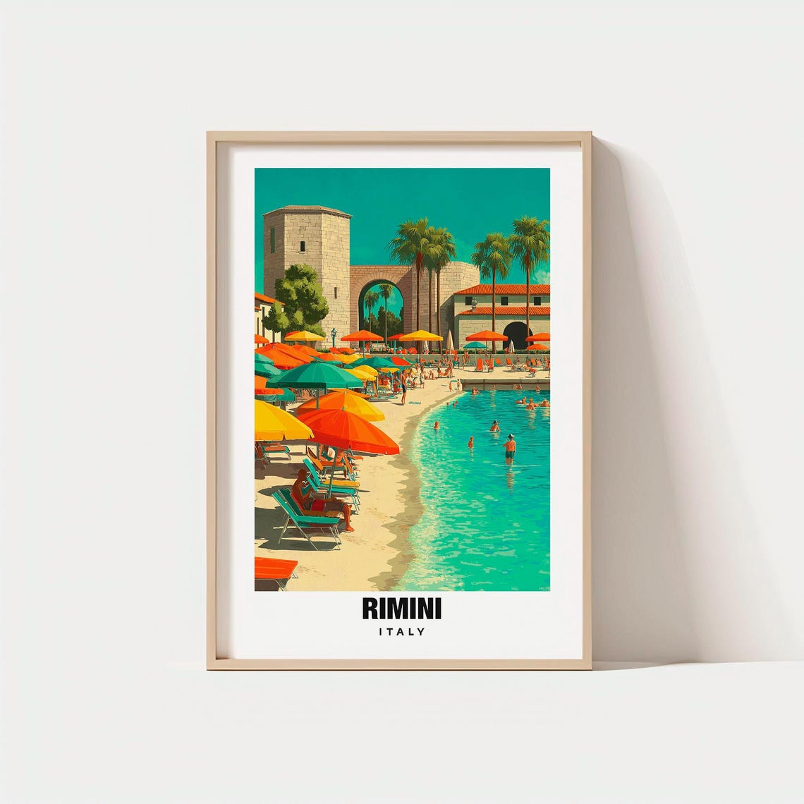 Rimini Italy Beach Umbrellas Ancient Arch Vintage Travel Poster