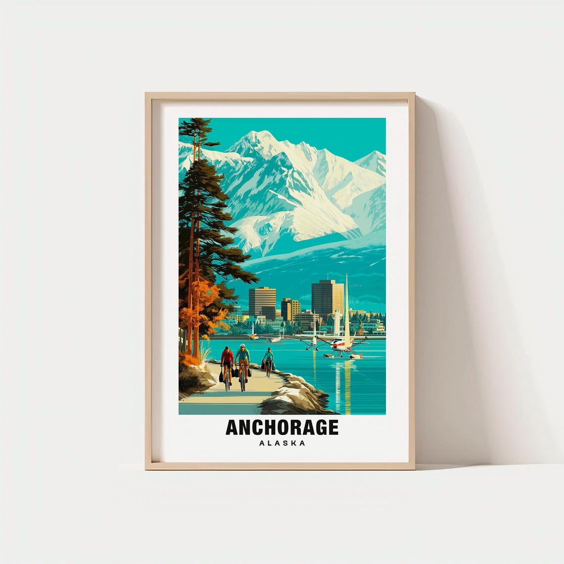 Anchorage Alaska Waterfront Cyclists Mountain Skyline Poster