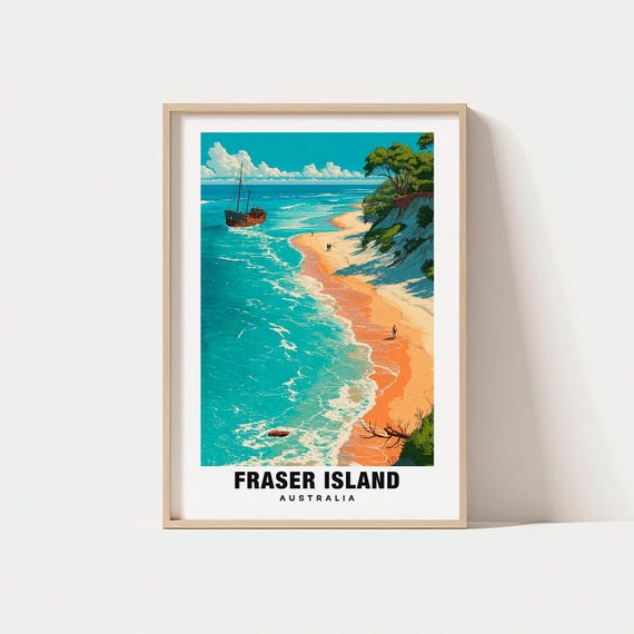 Fraser Island Print Australia Poster Travel Art Coastal Scene Dune Views Escape Scenic Landscape Lake Charmqueensland