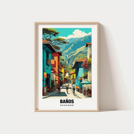 Baos Print Ecuador Poster Views Art Mountain Charm Waterfall Scene Thermal Beauty Local Heritage Travel