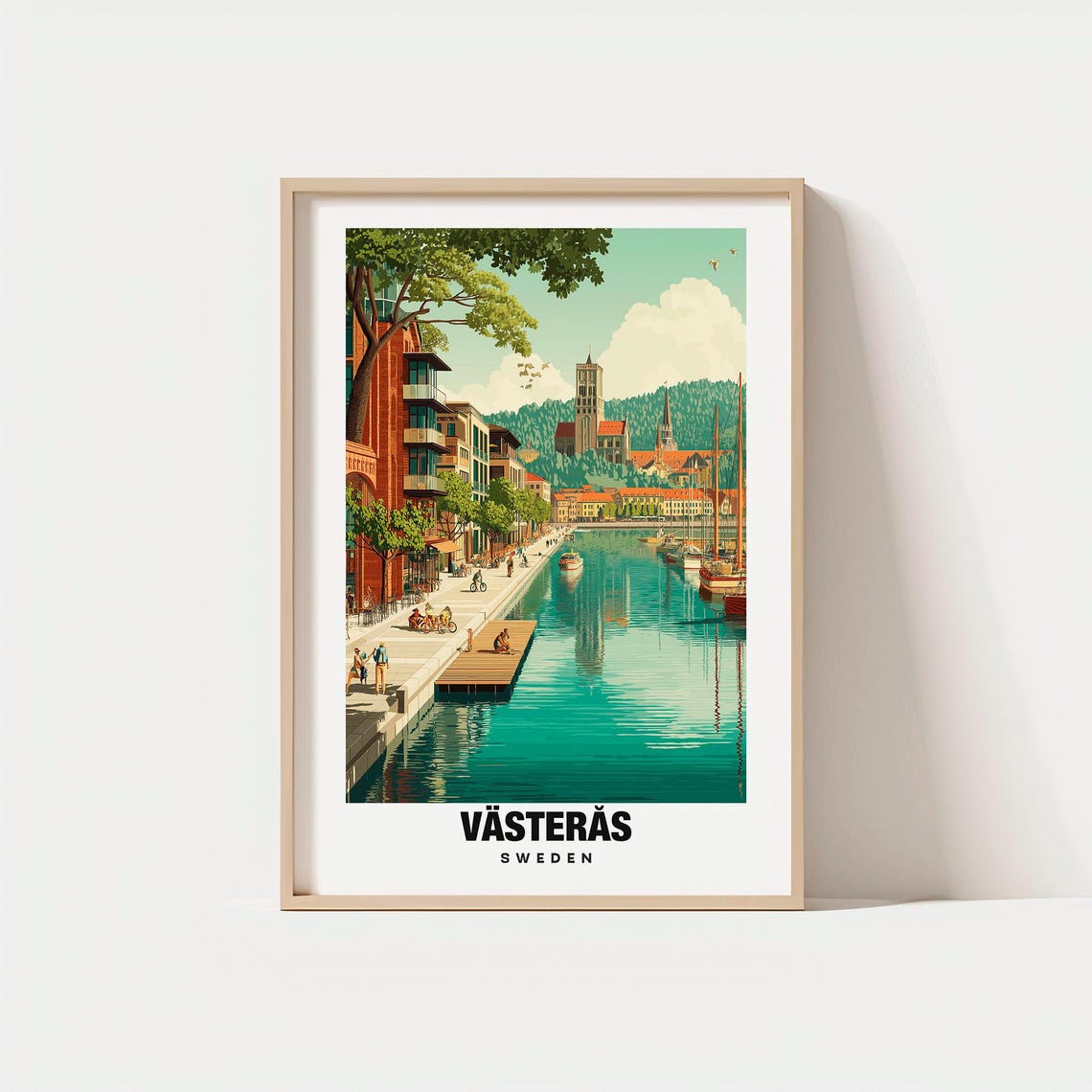 Vasteras Sweden Lakefront Harbor Promenade and Cathedral Travel Poster