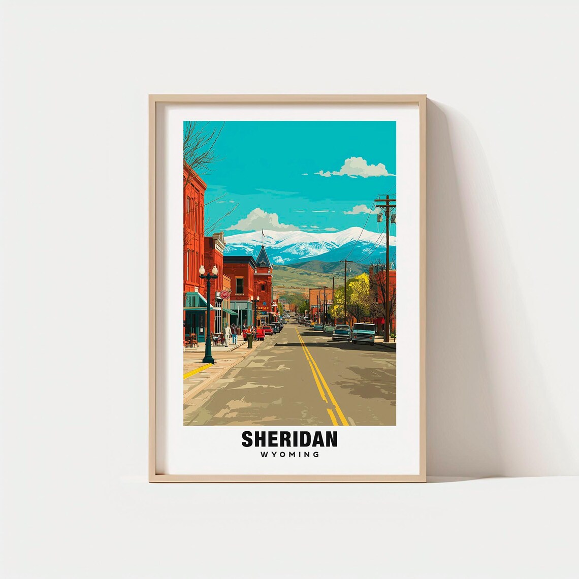 Sheridan Wyoming Vintage Brick Main Street Snowy Peaks Travel Poster