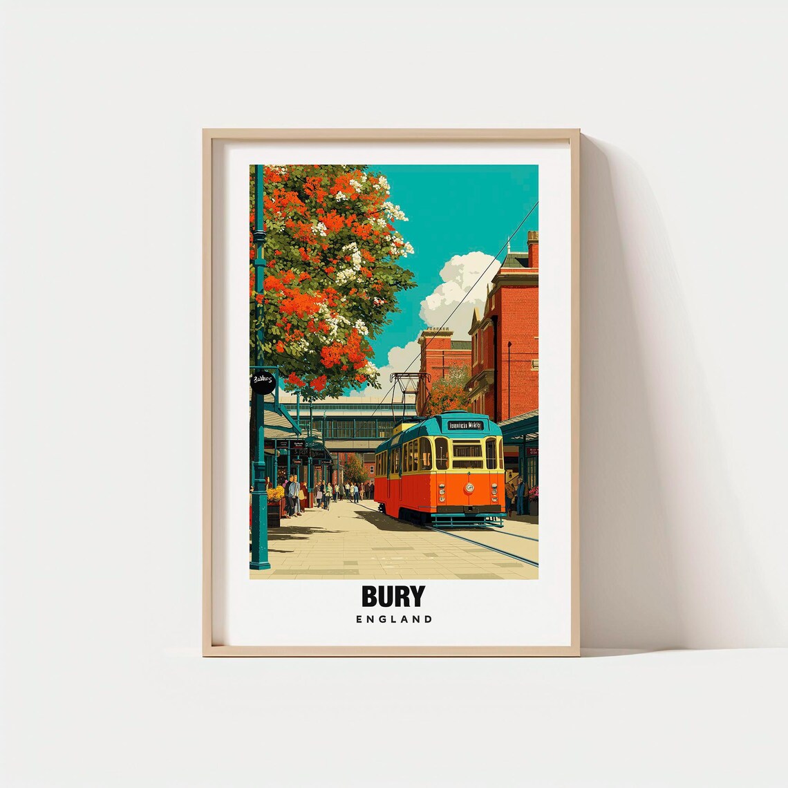 Bury England Vintage Tram Market Street Blossom Travel Poster