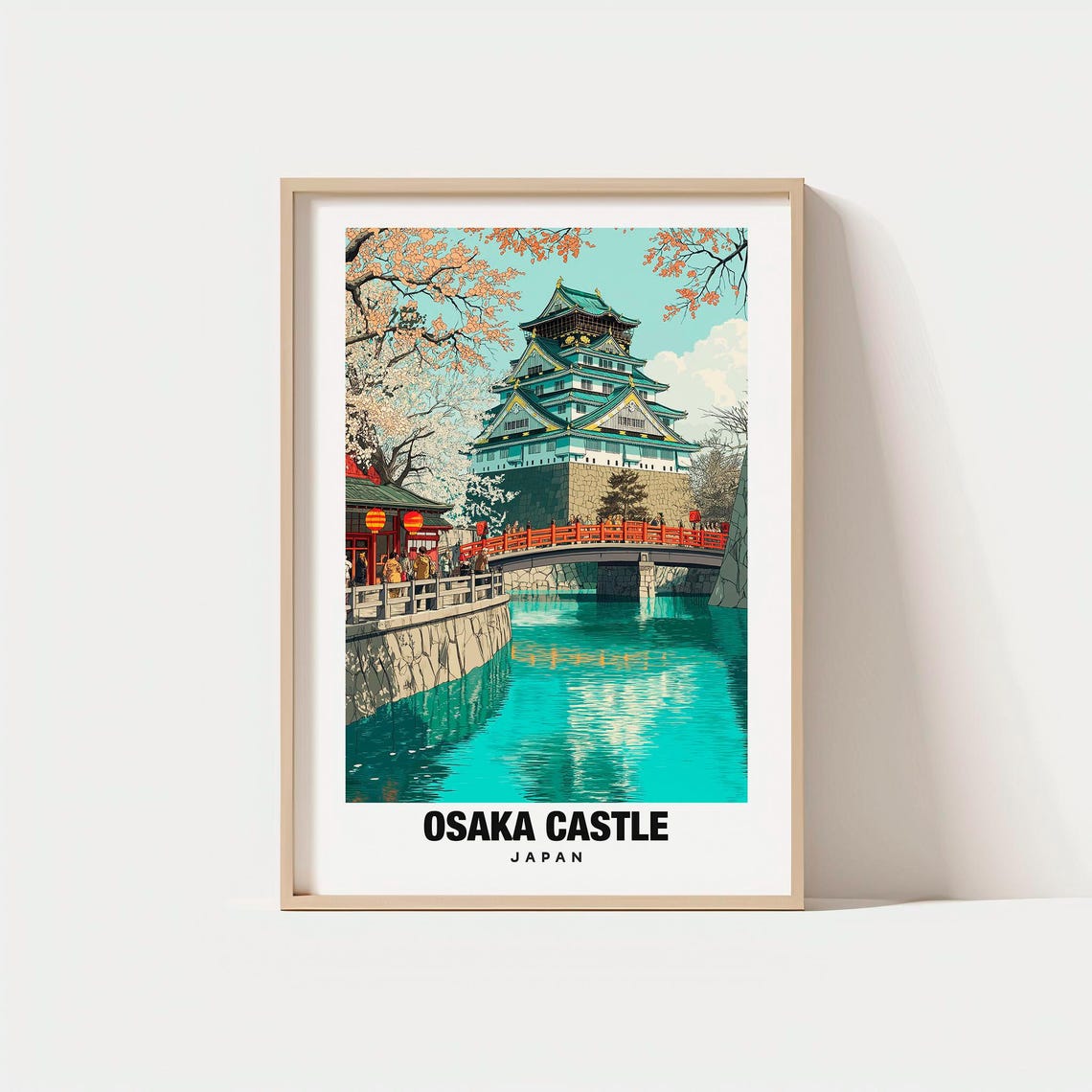 Osaka Castle Japan Vintage Cherry Blossom Moat Bridge Travel Poster
