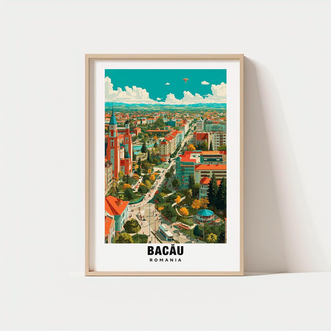 Bacău Romania City Skyline Park Church Towers Retro Travel Poster