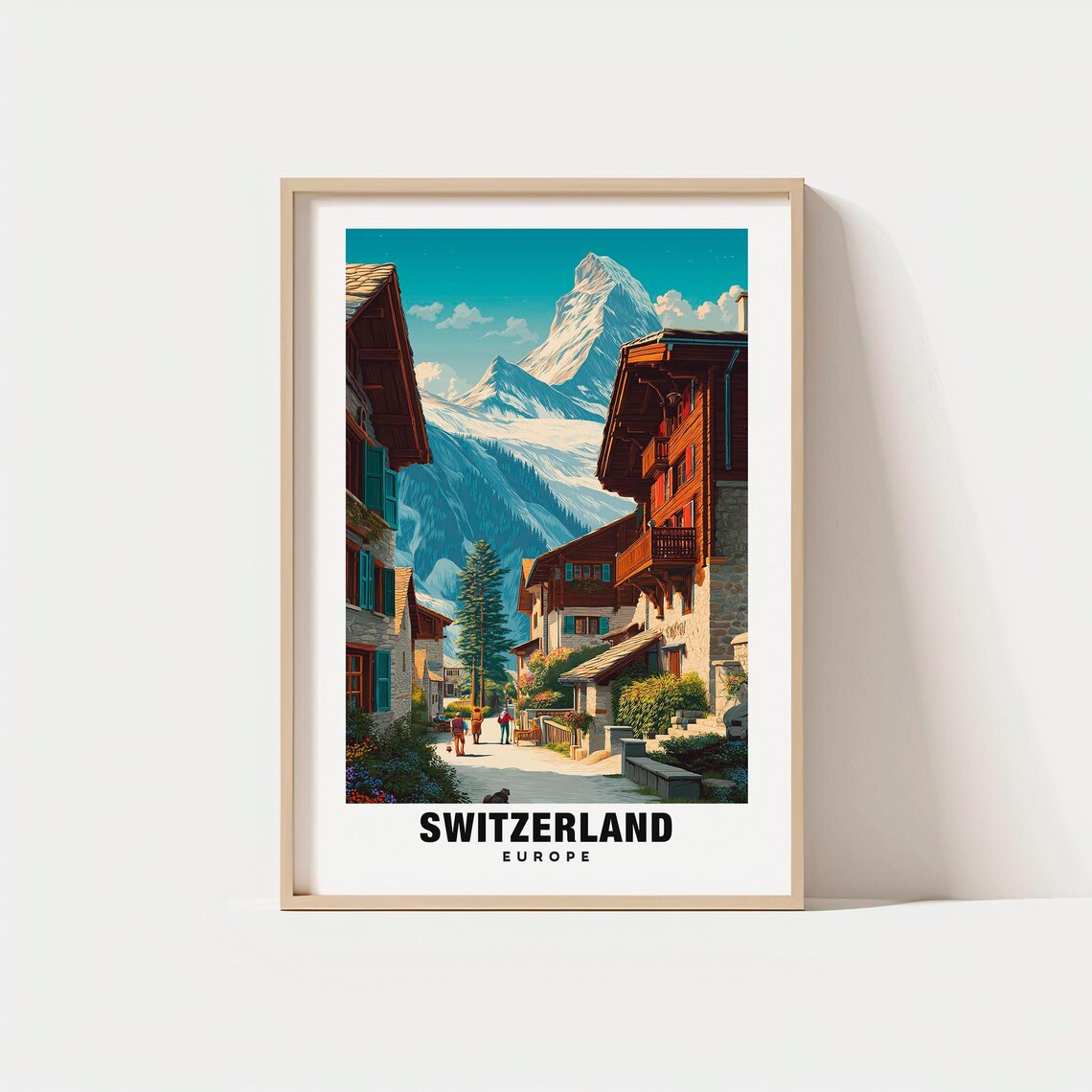 Switzerland Alpine Village Street with Snowy Peak Backdrop Poster