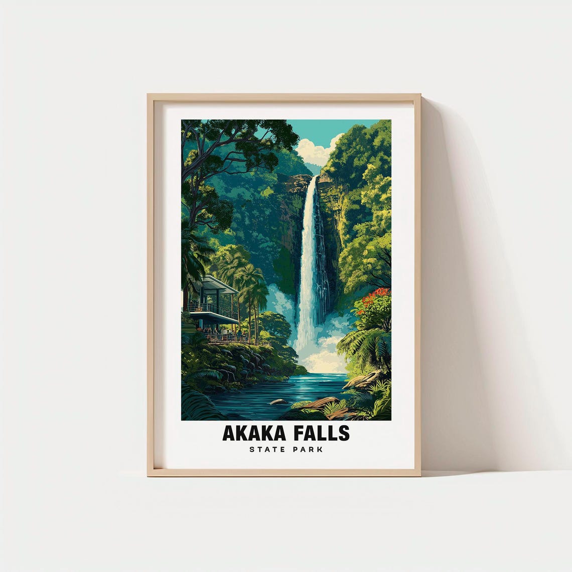 Akaka Falls State Park Waterfall Travel Poster with Lush Jungle Views