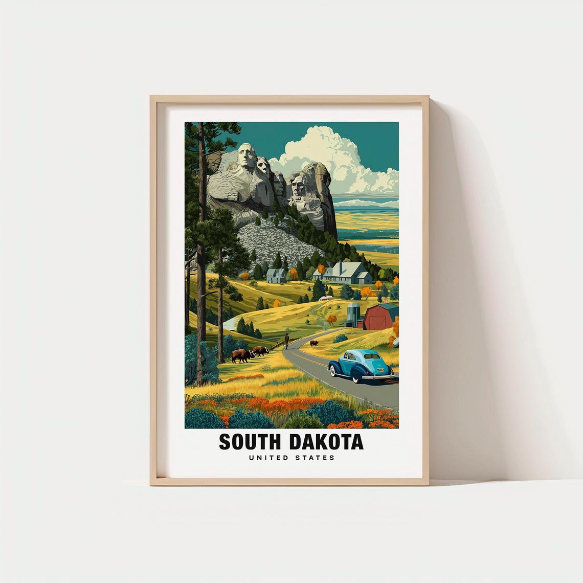 South Dakota Mount Rushmore Carved Faces Farm Valley Vintage Poster