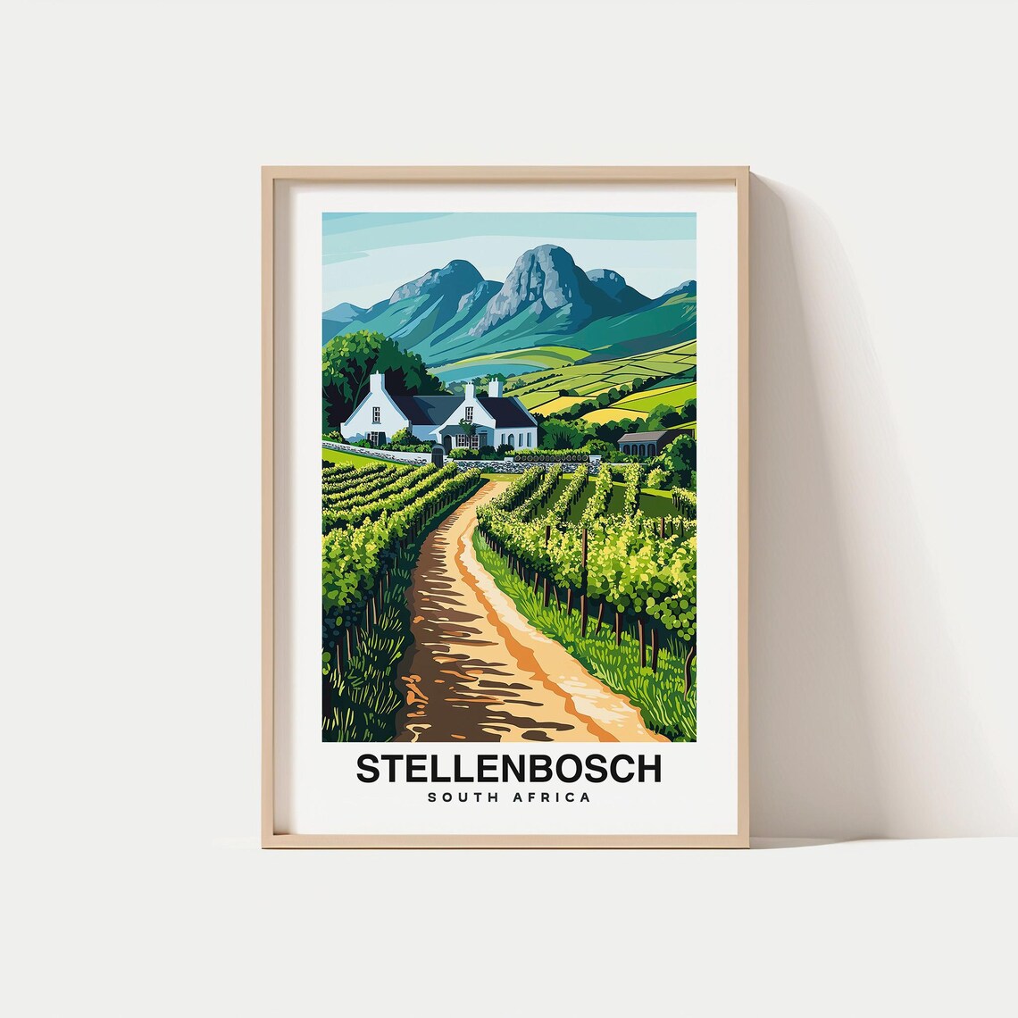 Stellenbosch South Africa Vineyard Estate with Mountains Travel Poster