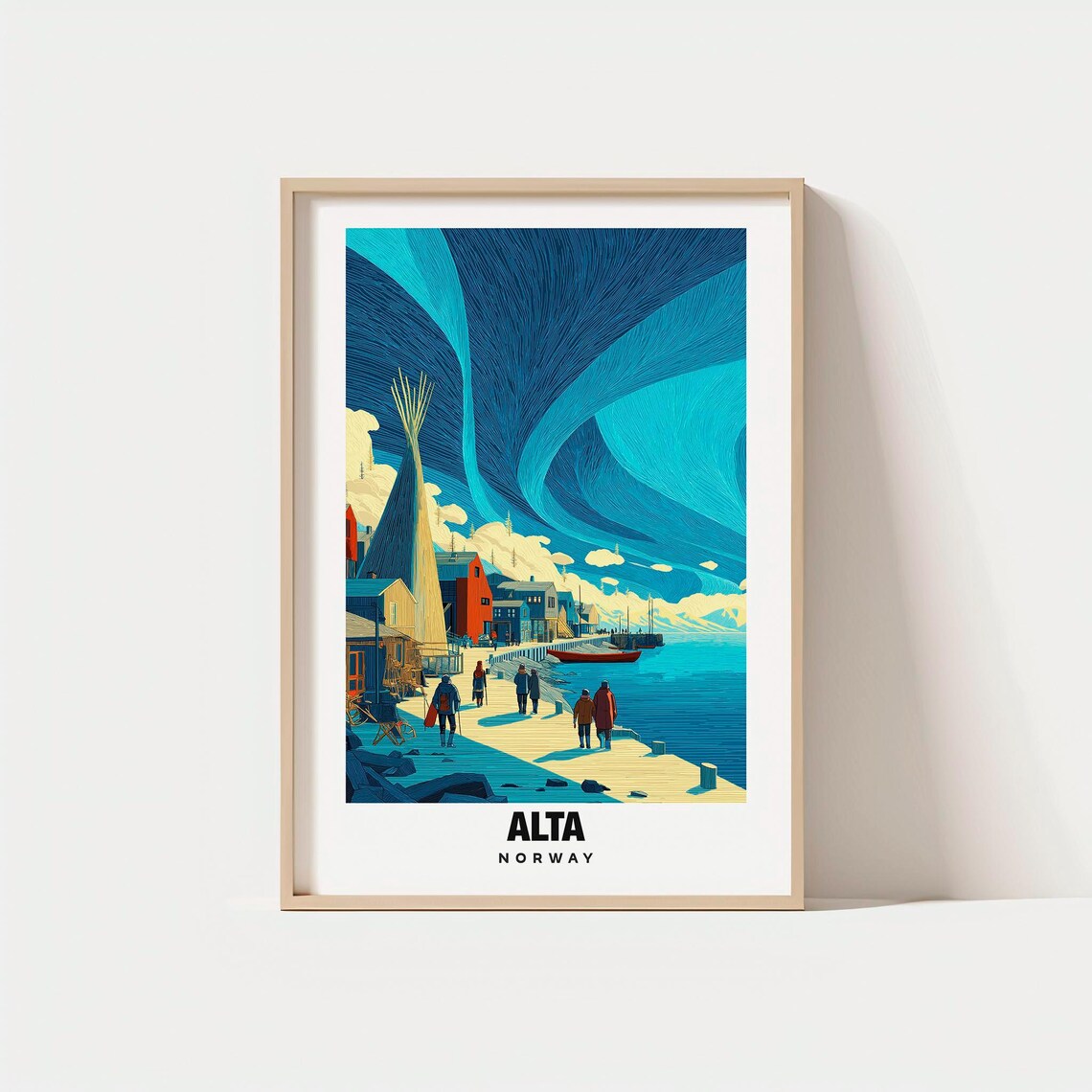 Alta Norway Northern Lights Harbor Snowy Night Travel Poster