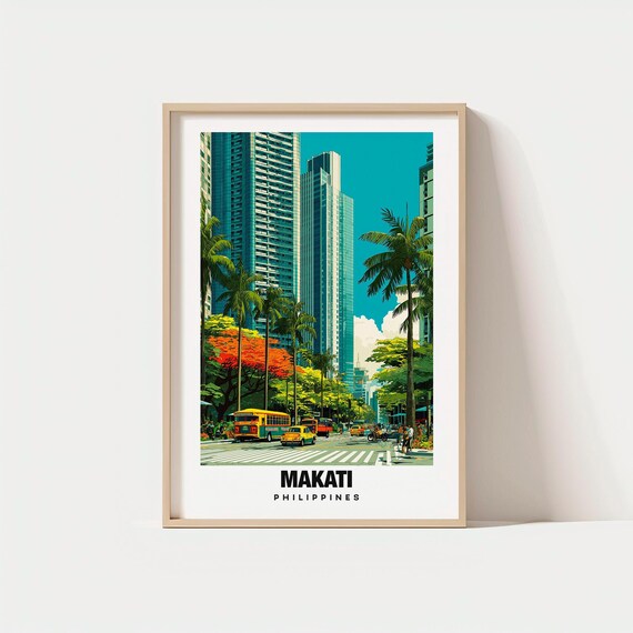 Makati Philippines City Skyscrapers Jeepneys Vintage Travel Poster