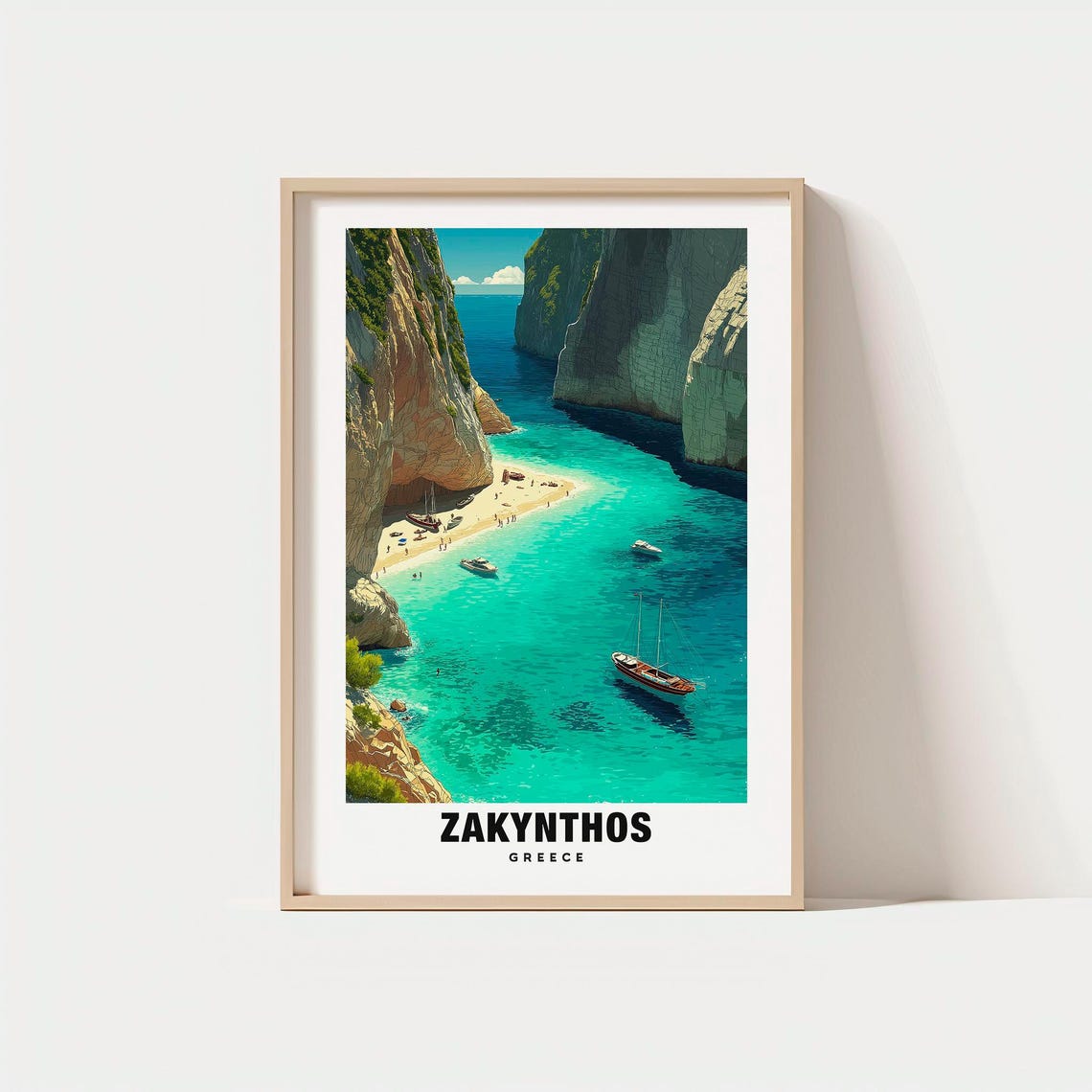 Zakynthos Greece Hidden Cliff Cove Beach Sailboat Retro Travel Poster
