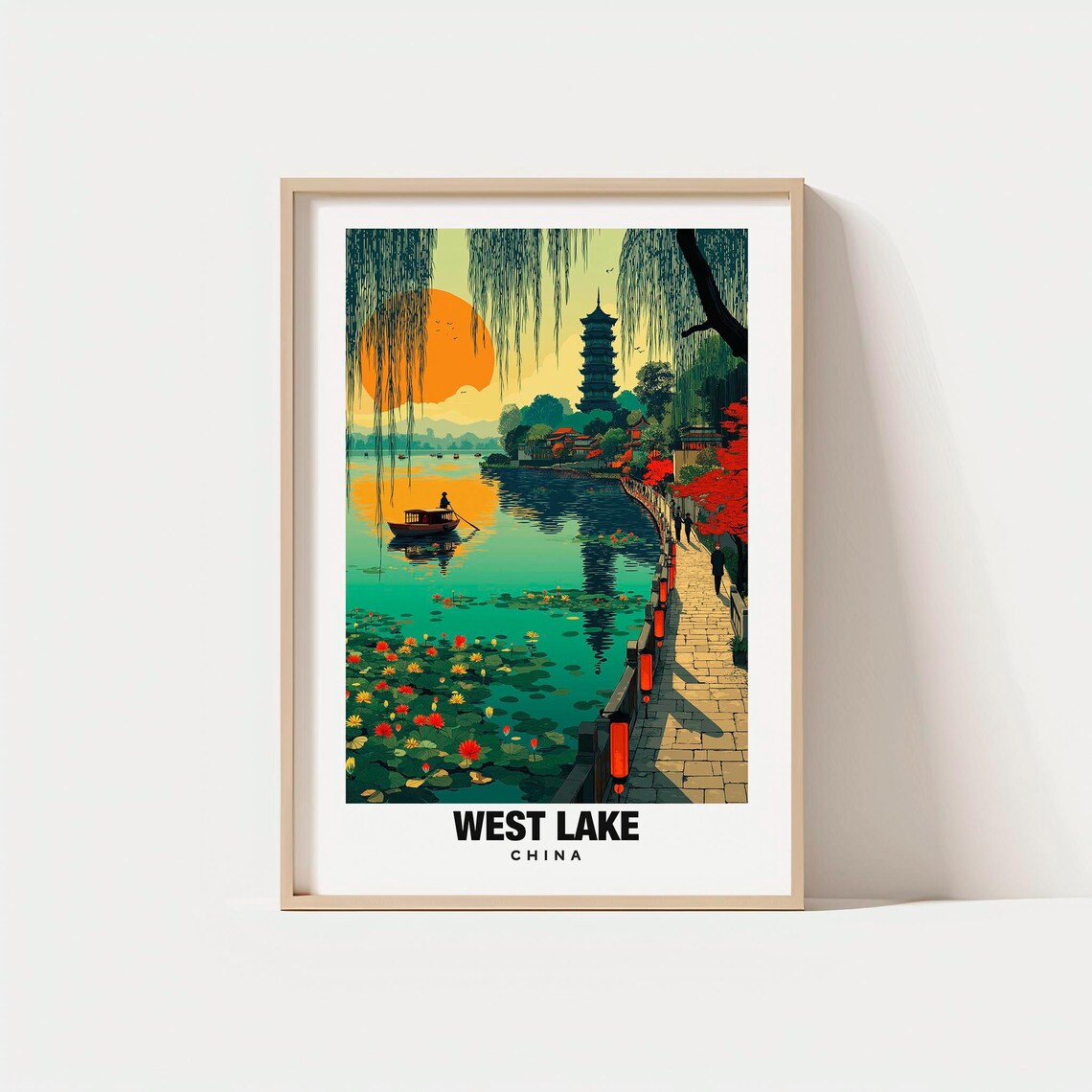 West Lake China Sunset Pagoda Lotus Lake Vintage Travel Poster