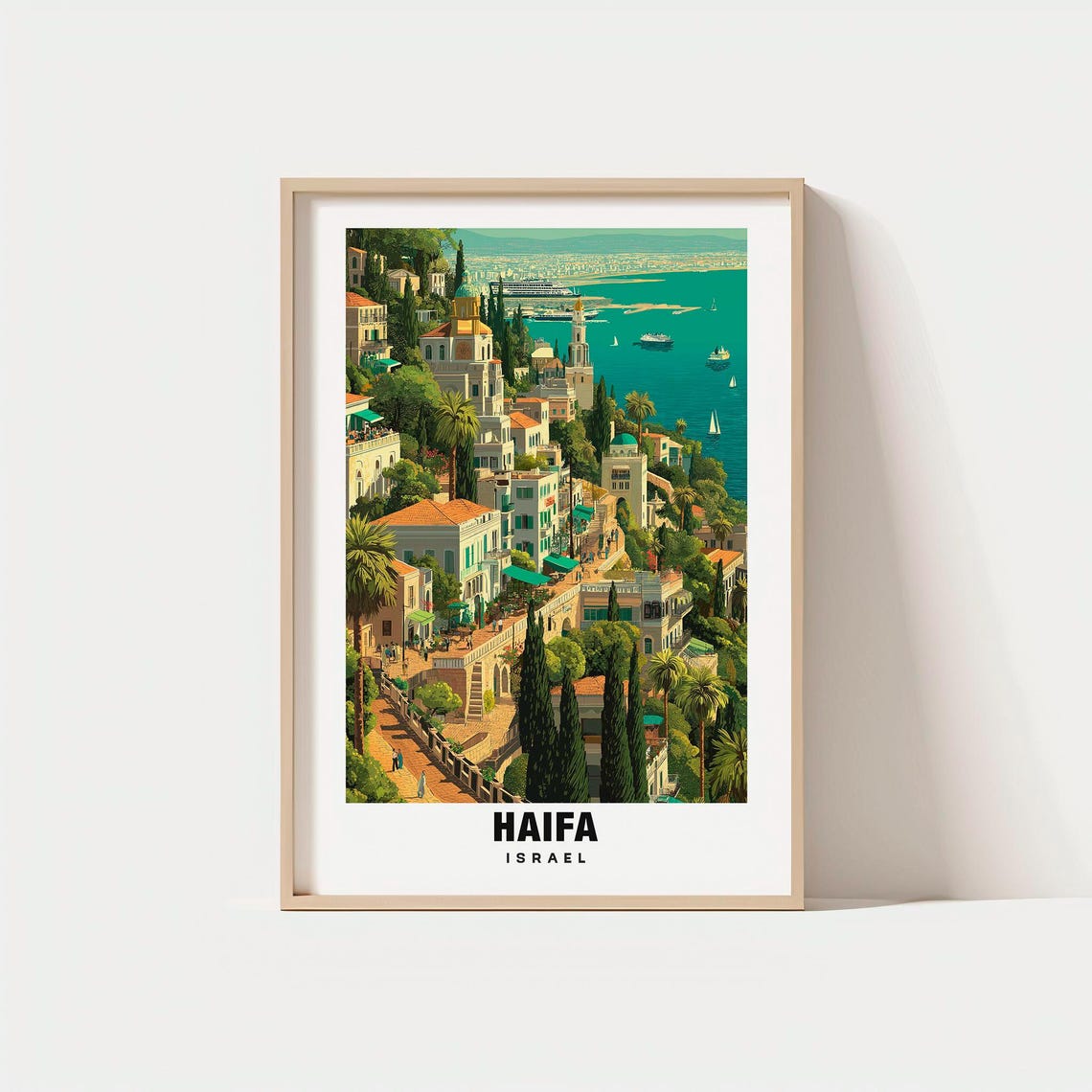 Haifa Israel Coastal City Travel Poster with Bay and Hillside Views