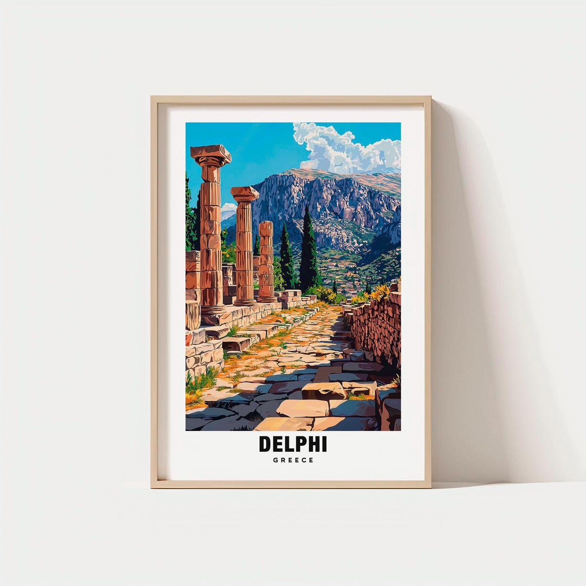 Delphi Greece Ancient Ruins Mountain Columns Retro Travel Poster