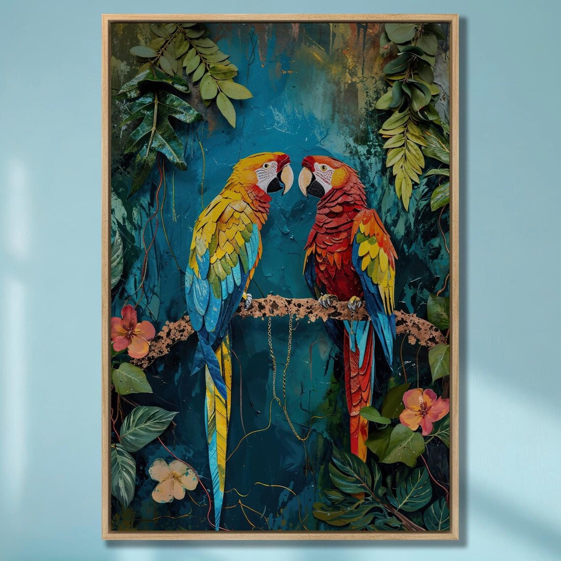 Pair Of Macaw Parrots On Branch In Tropical Jungle Painting Poster