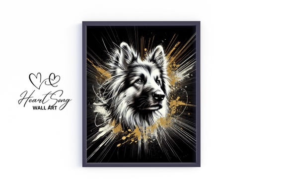 German Shepherd Dog Wall Art Moody Black And Gold Pet Portrait Vintage Stylish Print Elegant Animal 355