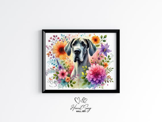 Great Dane Floral Dog Art Moody Botanical Pet Print Elegant Summer Painting Earthy Nature Wall Decor 76