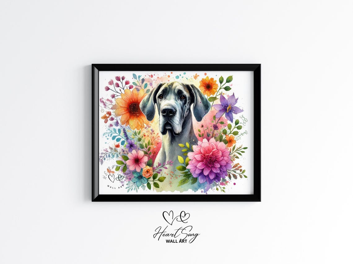 Great Dane Floral Watercolor Poster Dog Breed Botanical Decor