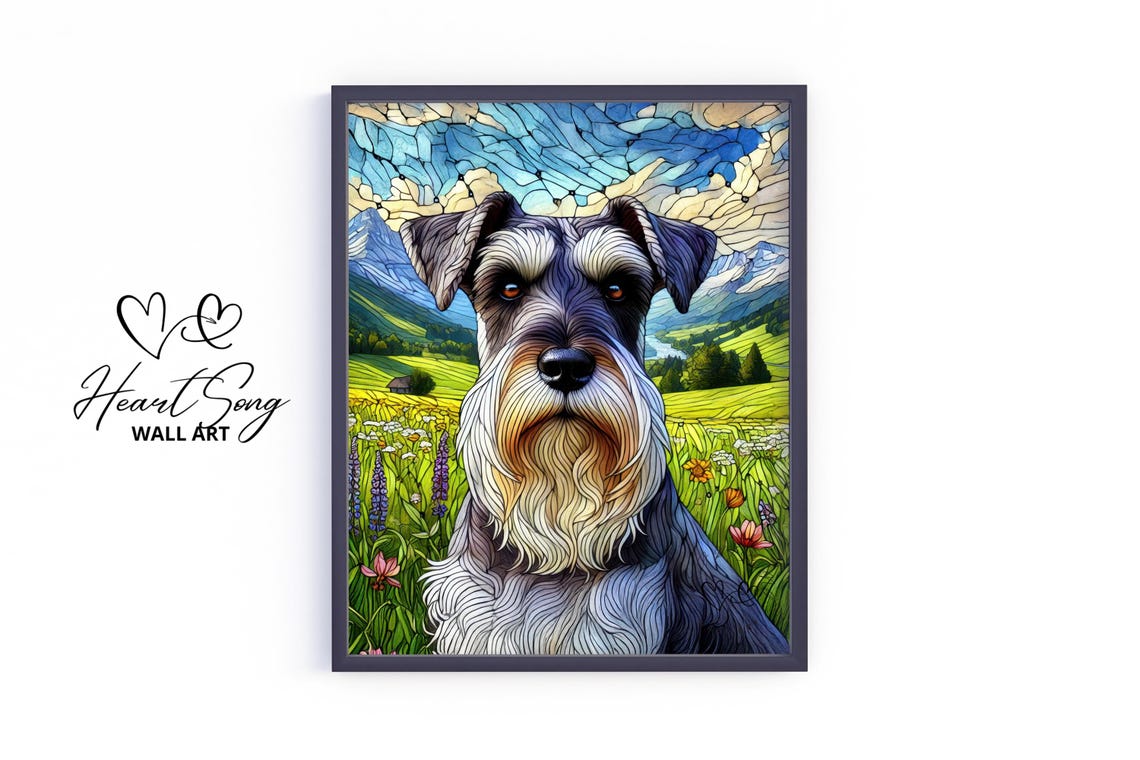 Schnauzer Portrait Stained Glass Style Art Poster in Flower Field