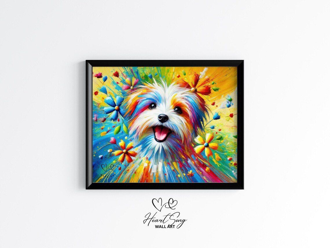 Fluffy White Puppy Pop Art Dog Portrait Rainbow Flowers Poster