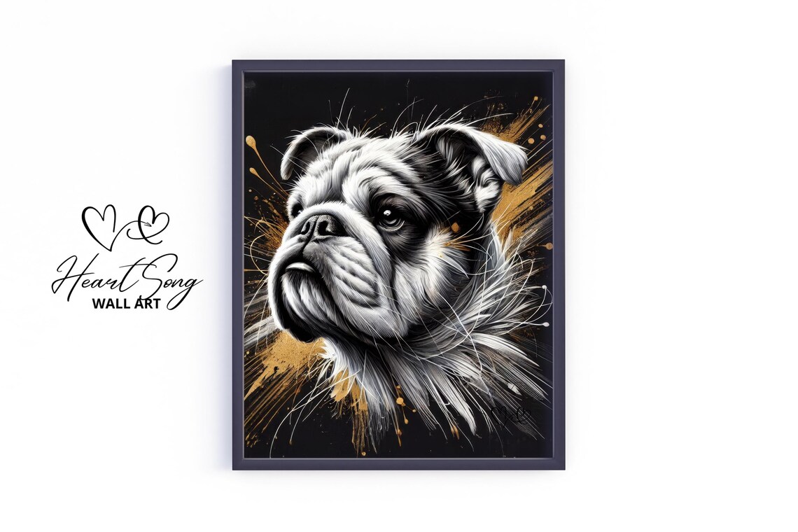 Moody English Bulldog Portrait Black and Gold Splash Art Poster