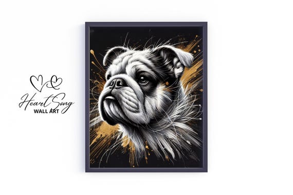 Bulldog Wall Art Moody Black And Gold Dog Portrait Vintage Pet Print Stylish Artwork Elegant Decor 346