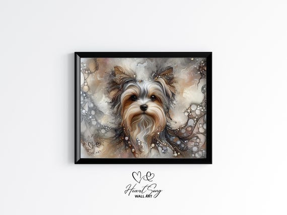 Yorkshire Terrier Dog Painting Rustic Abstract Wall Art In A Dreamy Alcohol Ink Composition For Modern Decor Lovers 918