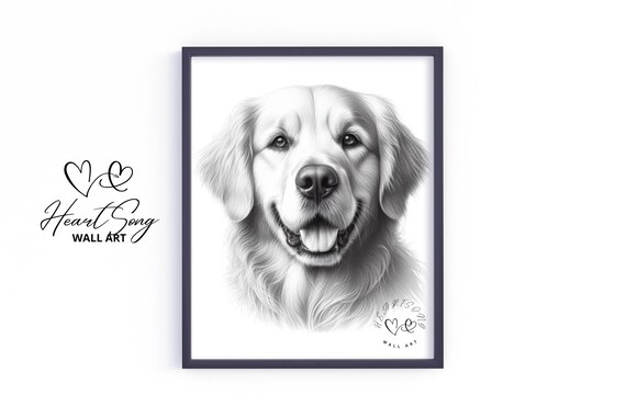 Golden Retriever Pencil Sketch Happy Dog Portrait Black White Poster