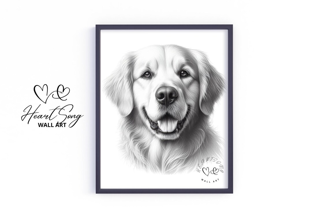 Golden Retriever Pencil Sketch Happy Dog Portrait Black White Poster