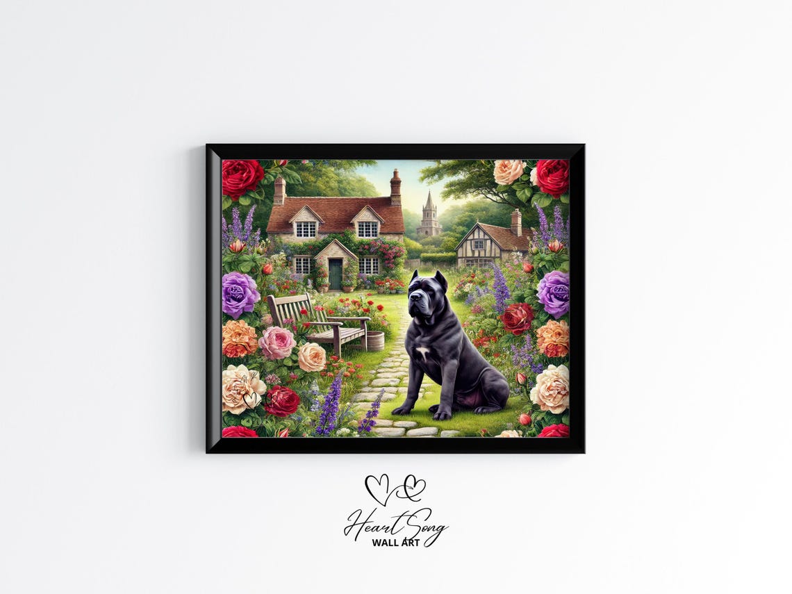Black Cane Corso Dog English Cottage Garden Roses Wall Poster