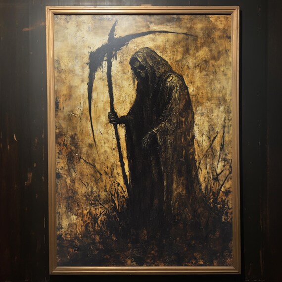 Grim Reaper Holding Tall Scythe Dark Gothic Oil Painting Poster