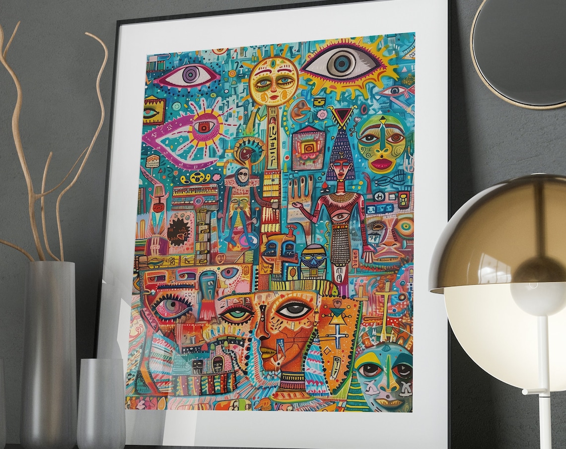 Maximalist Ancient Egypt Art Poster Colorful Masks Eyes Totem Wall