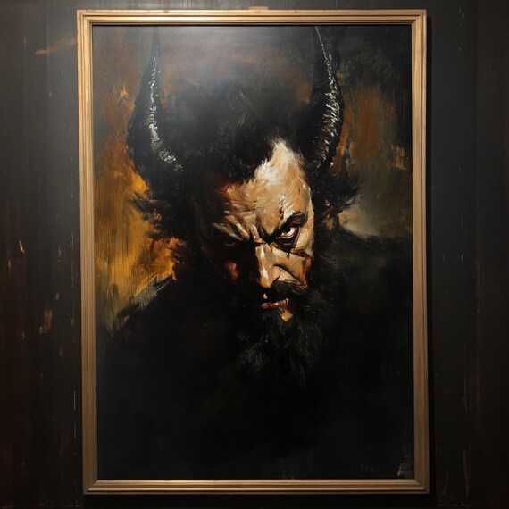 Horned Demon Portrait Fiery Dark Gothic Oil Painting Style Poster