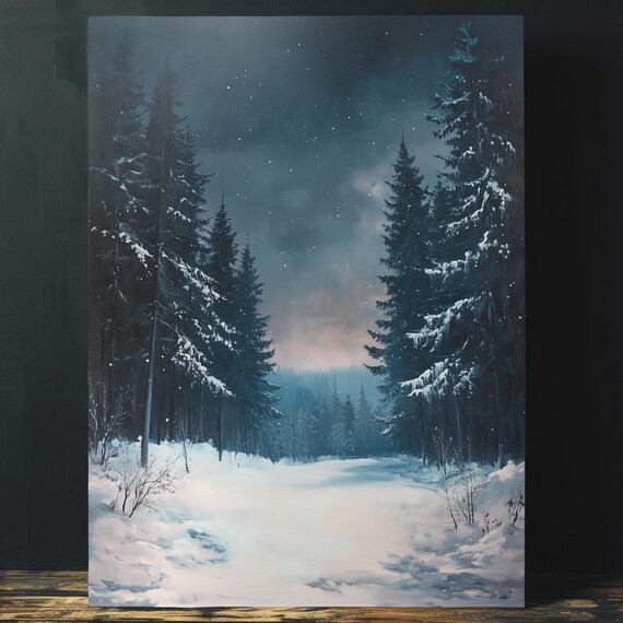 Quaint Winter Night Landscape Painting Wall Art Moody Dark Cottagecore Landscape Print Witchy Home Decor