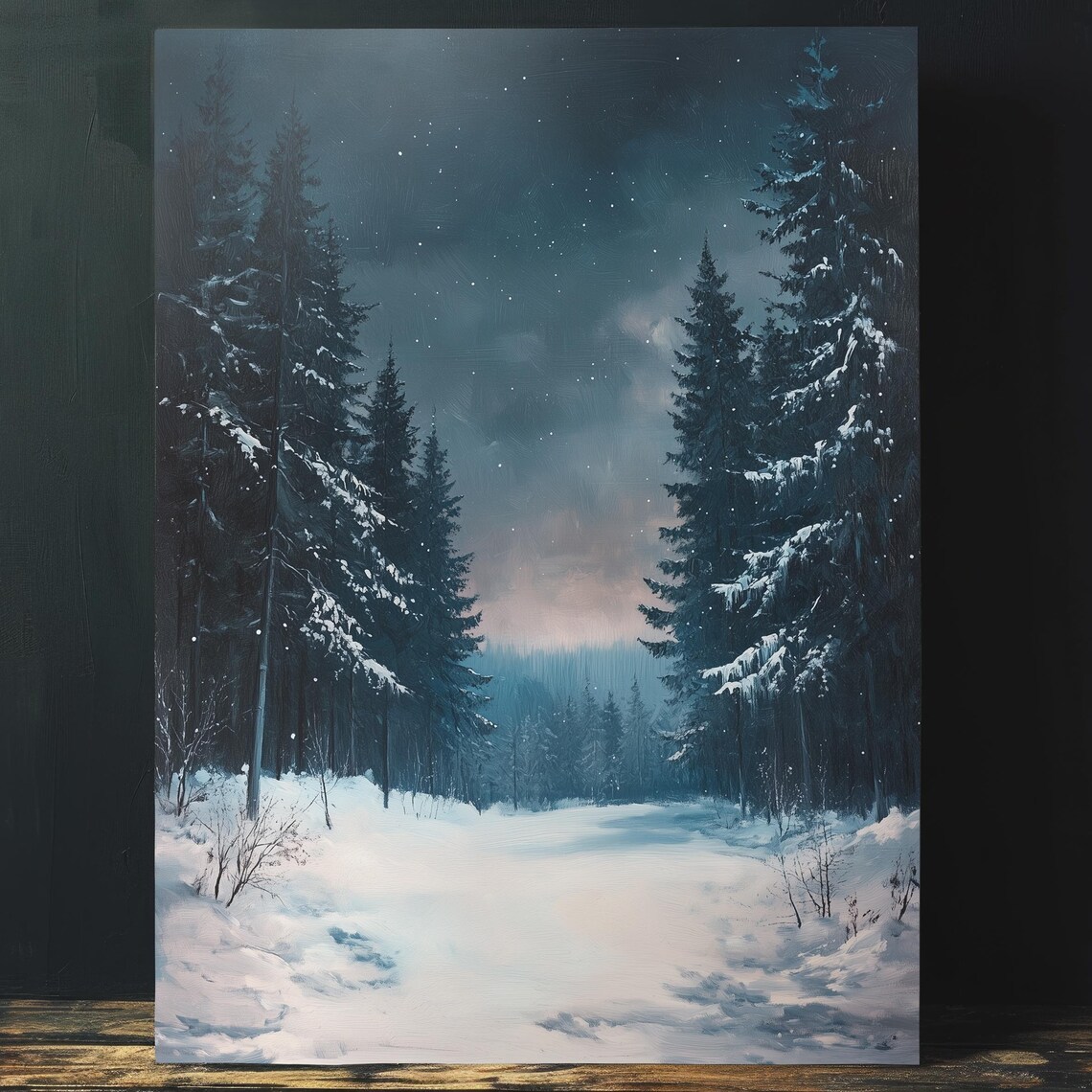 Snowy Evergreen Forest Under Starry Dusk Sky Winter Painting Poster