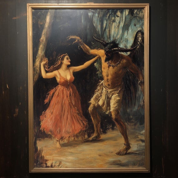 Demon Dance Moody Dark Fantasy Painting Wall Art Dark Cottagecore Folk Art Print Vintage Wiccan Wall Decor