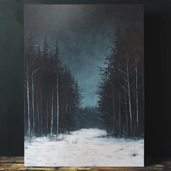 Quaint Winter Forest Landscape Print Wall Art Starry Sky Dark Cottagecore Painting Moody Witchcore Wall Decor