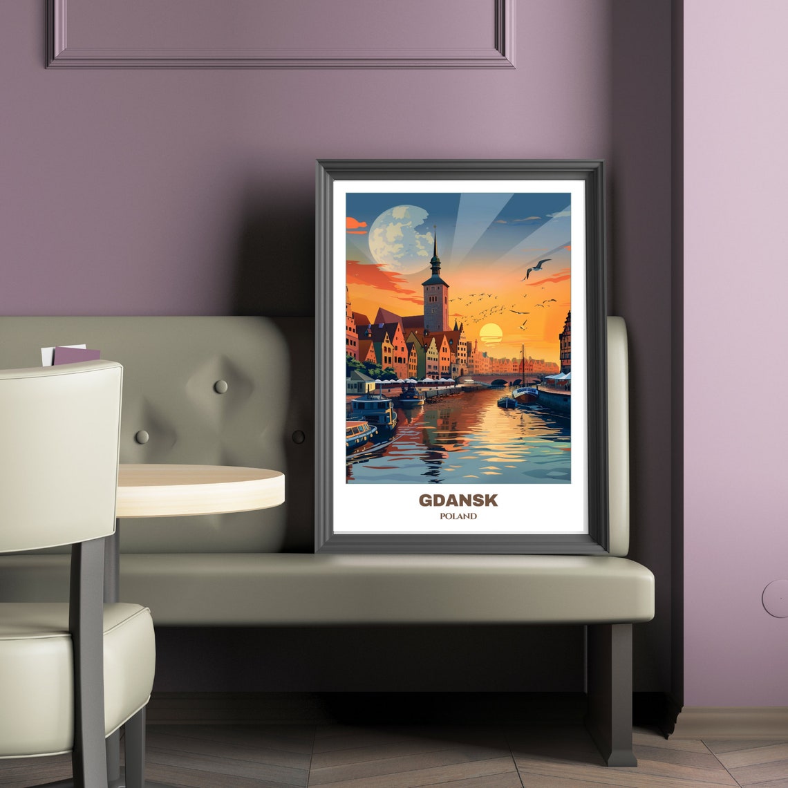 Gdansk Sunset Harbor Moonlit Waterfront Old Town Boats Poster - Image 2