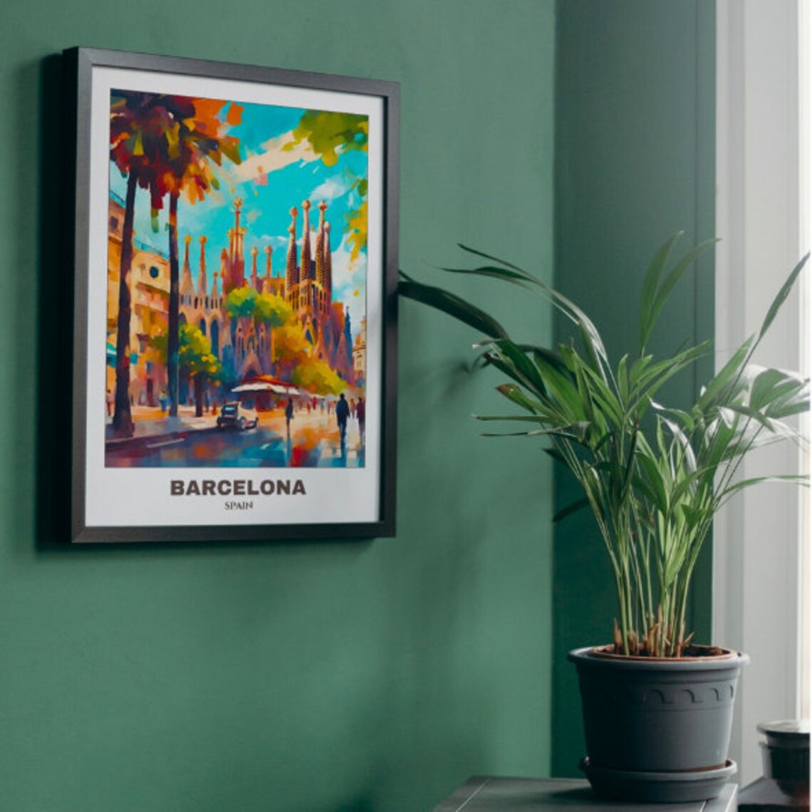 Barcelona Spain Sagrada Familia Colorful Street Scene Poster - Image 4
