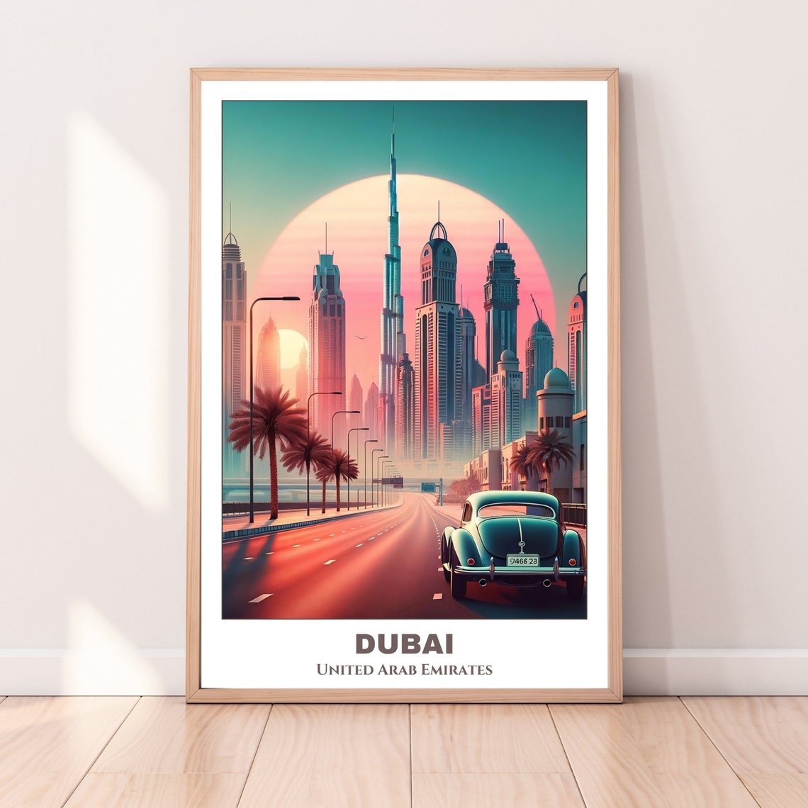 Dubai Downtown Skyline Sunset Classic Car Boulevard Travel Poster - Image 4
